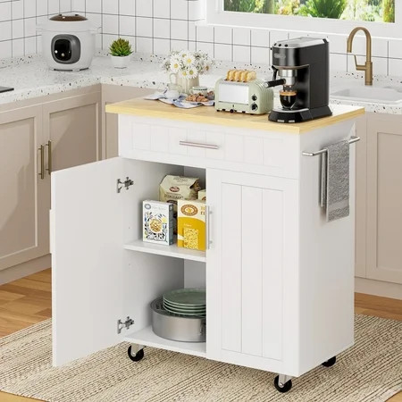 Walsunny Kitchen Island Table Stand with Storage on Wheels,Rolling Kitchen Cart Storage Cabinet with Drawer,White | Walmart (US)