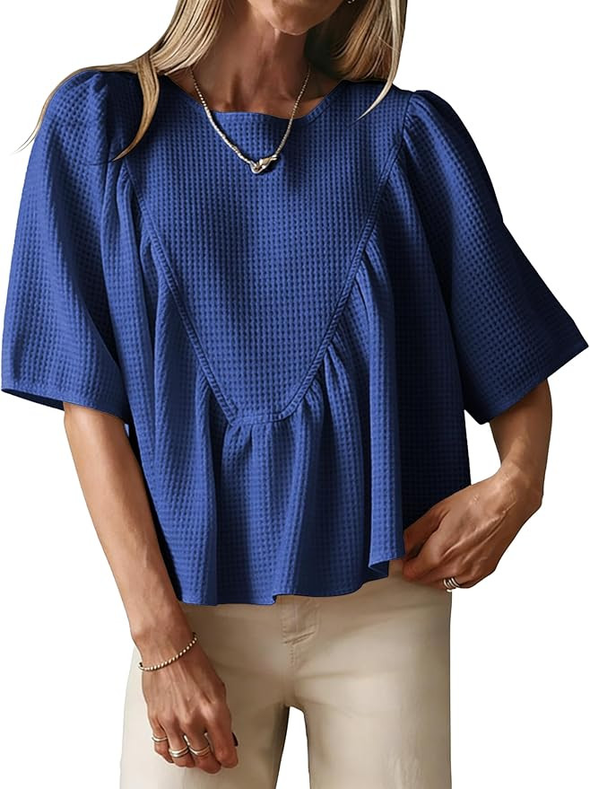 Women's Peplum Babydoll Top Waffle Knit Shirt Casual Short Sleeve Back Button Loose Flowy Blouse | Amazon (US)