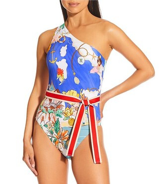 Map Ribbon Belt Cut Out One Shoulder One Piece Swimsuit | Dillard's