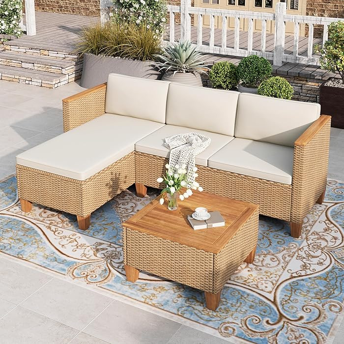 HERA'S HOUSE Small Patio Furniture Set, 3 Pieces Wicker Outdoor Sectional Sets,Yellow Rattan Conv... | Amazon (US)