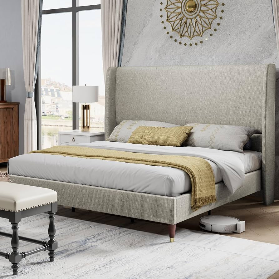 PaPaJet King Platform Bed Frame 51.2" High Headboard Tall Upholstered Bed/No Box Spring Required/... | Amazon (US)