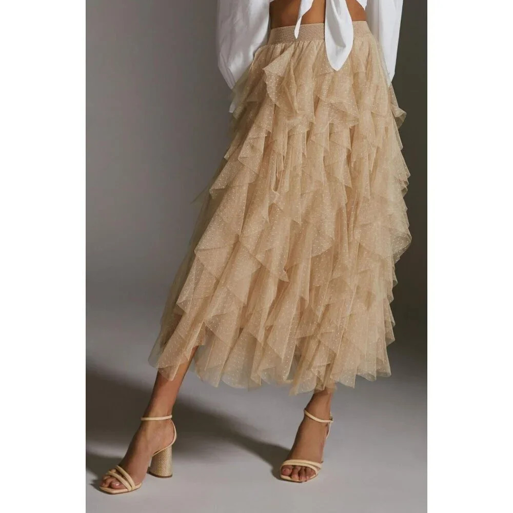 NWT Anthropologie Evelyn Ch\u00e9ri Cheri in Moss Beige Ruffled Tulle Midi Skirt 1X | Poshmark