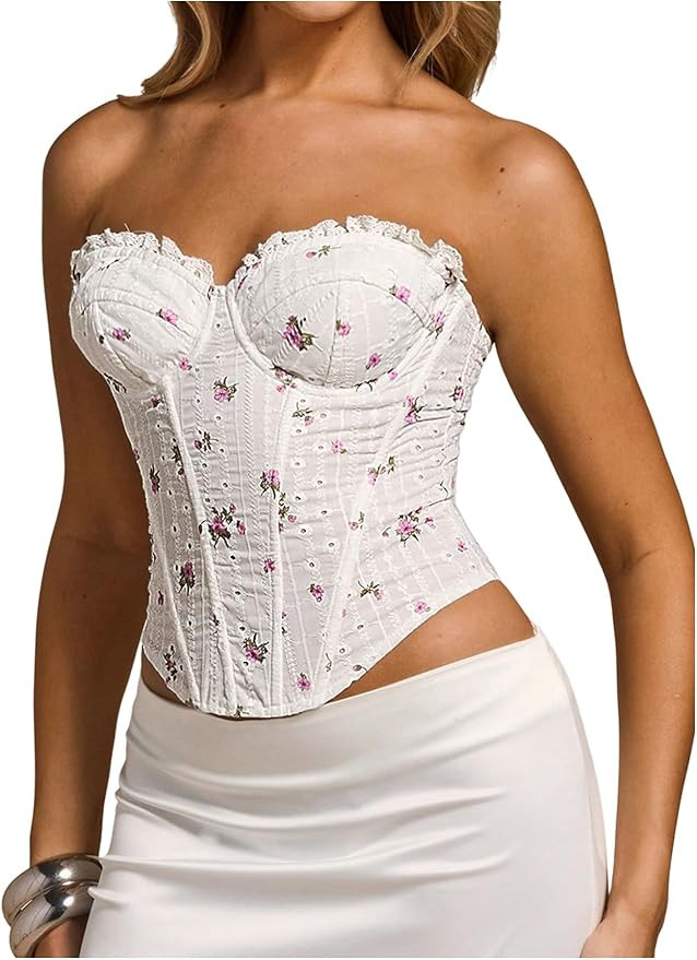 Floerns Women's Floral Strapless Tube Top Lace Up Back Sweetheart Neck Corset Crop Tops | Amazon (US)