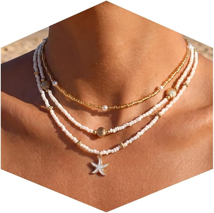 Nackiy Shell Starfish Necklace for Women, Boho Beach Vacation Jewelry | Gold Plated Layered Charm... | Amazon (US)