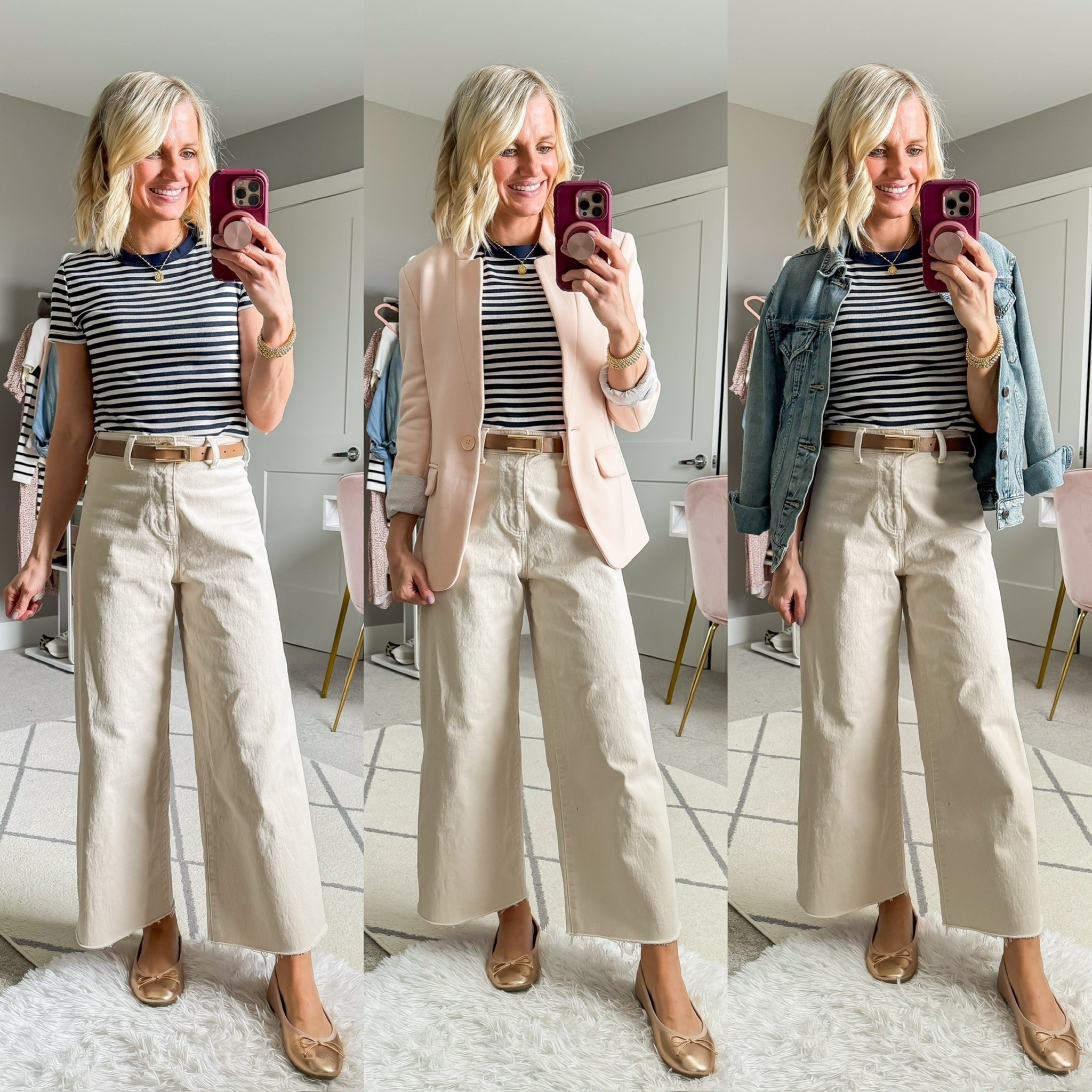 Spring capsule wardrobe outfit ideas with beige cropped wide leg jeans and a navy a white striped shirt  

#LTKSeasonal #LTKPetite #LTKStyleTip