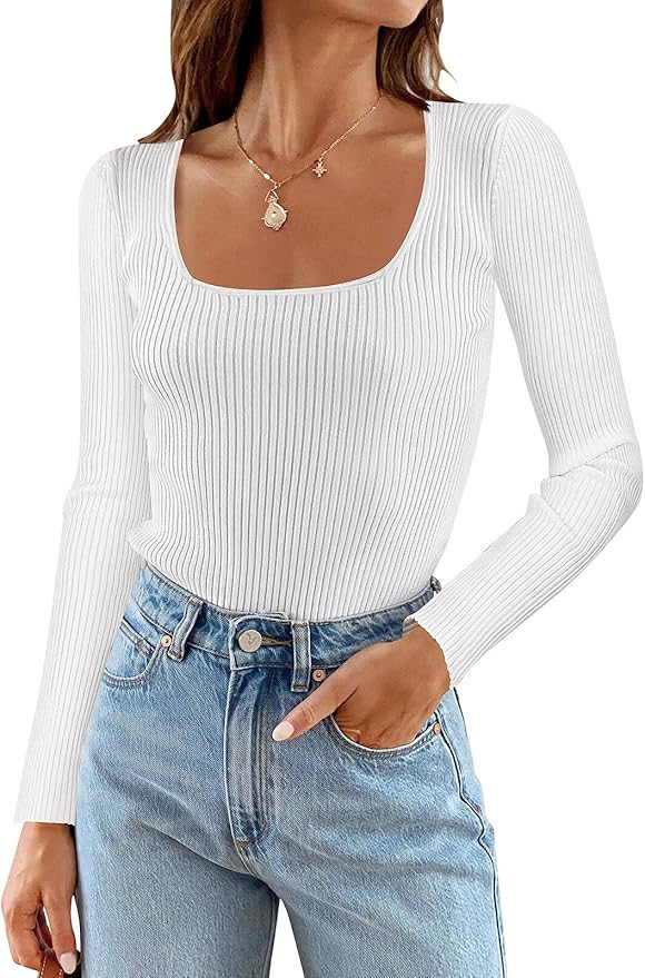 Womens 2024 Long Sleeve Square Neck T Shirt Fall Elegant Slim Fitted Ribbed Casual Tee Tops Solid... | Amazon (US)