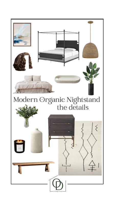 A modern organic nightstand design board with a rattan pendant light instead of a lamp, a white vase with faux olive stems, a fiddle leaf tree in a large geometric floor vase, a black candle and white catch all tray, rustic end of bed wood bench, faux fur blanket, linen duvet cover, abstract painting, black canopy bed, neutral geometric area rug 

#LTKFind #LTKunder100 #LTKhome