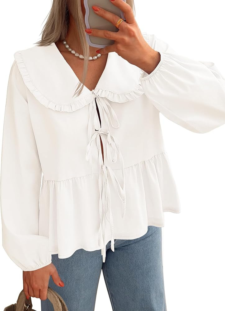 ZESICA Women's Tie Front Peplum Tops Long Puff Sleeve Lapel Collar Cute Babydoll Blouses Shirts | Amazon (US)