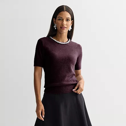 Women's Nine West Jewel Neck Short Sleeve Knit Sweater, Size: Large, Dark Metal Grey | Kohl's