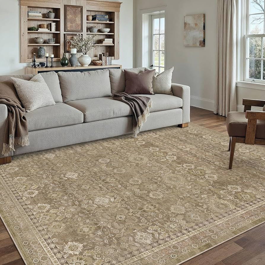 WondRg 6x9 Light Brown Neutral Washable Area Rug for Living Room Distressed Floral Non Slip Throw... | Amazon (US)