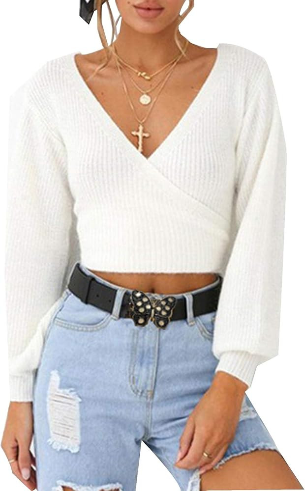 Women's Cropped Sweater Wrap V Neck Back Knot White Sexy Pullover Tops | Amazon (US)