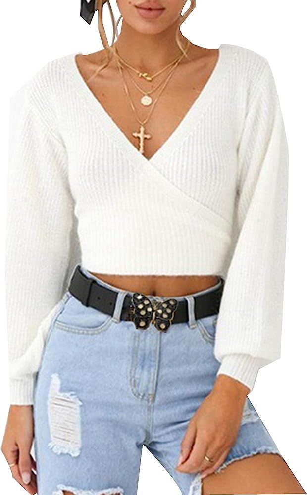 Women's Cropped Sweater Wrap V Neck Back Knot White Sexy Pullover Tops | Amazon (US)