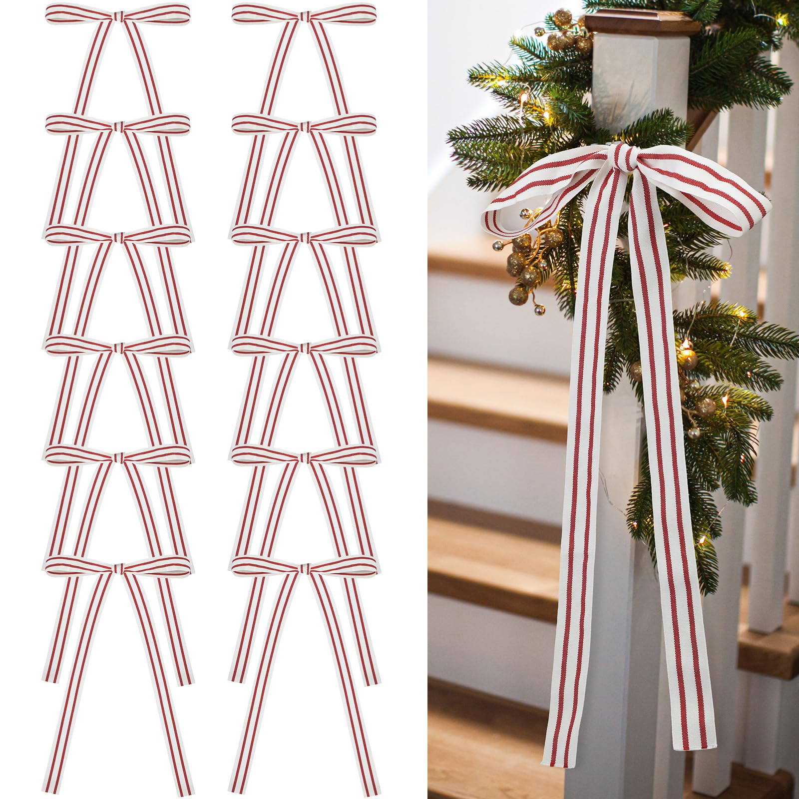 12 Pcs Natural Cotton Christmas Ribbon Bows 9x16 Inch Stripes Ribbon Bows Christmas Tree Topper f... | Amazon (US)
