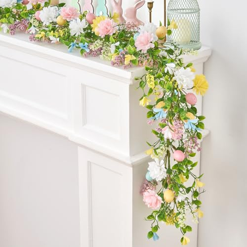 6 Ft Easter Garland, Easter Egg Garland for Mantle, Spring Summer Pastel Artificial Flower Garlands, Easter Decorations for Home Mantle Fireplace Indoor Decor | Amazon (US)