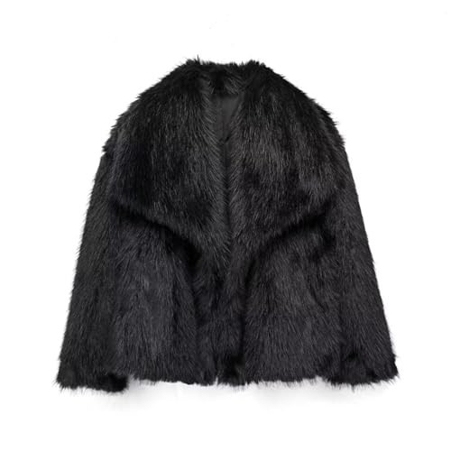 Women's Cropped Faux Fur Coat Solid Color Long Sleeve Lapel Collar Warm Jacket Furry Outerwear Streetwear (Black, M) | Amazon (US)