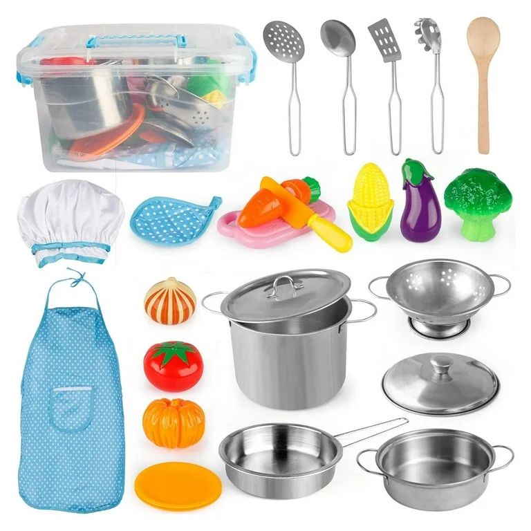 D-FantiX Play Kitchen Accessories, Kids Play Pots and Pans Playset with Mini Stainless Steel Pret... | Walmart (US)