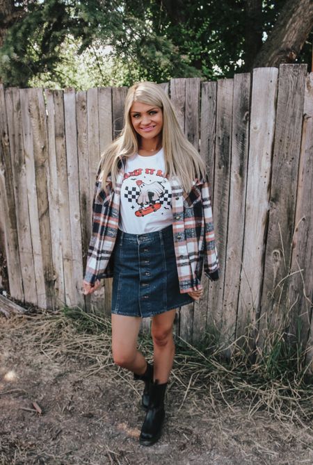 Fall outfit with cute Halloween graphic tee. Amazon finds! Tee is under $20! Plaid jacket, Levis skirt, and boots all under $50. 🎃

#LTKSeasonal #LTKHalloween #LTKunder50