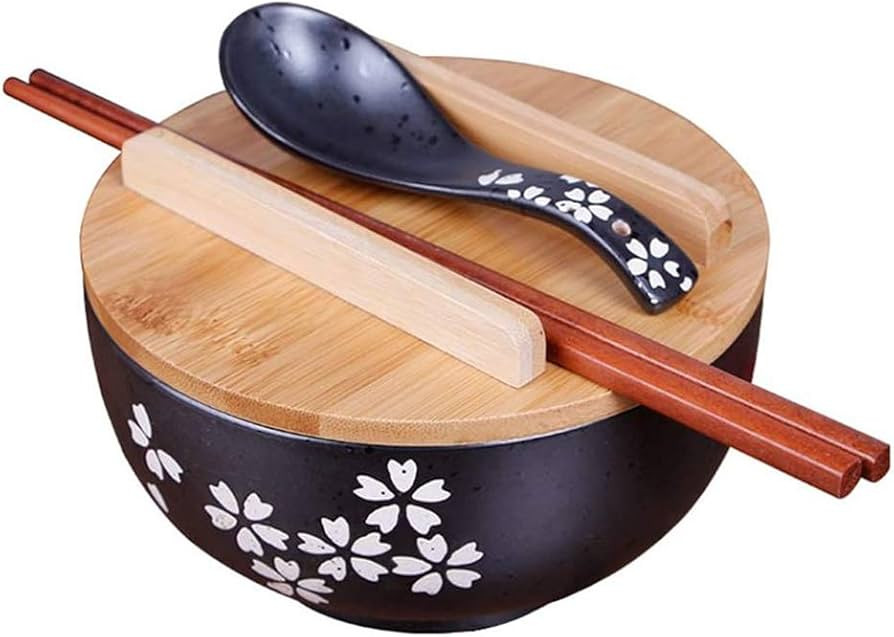 Japanese ramen noodle bowl black rice bowls with Lid Spoon ramen bowl noodle bowls with chopstick... | Amazon (US)