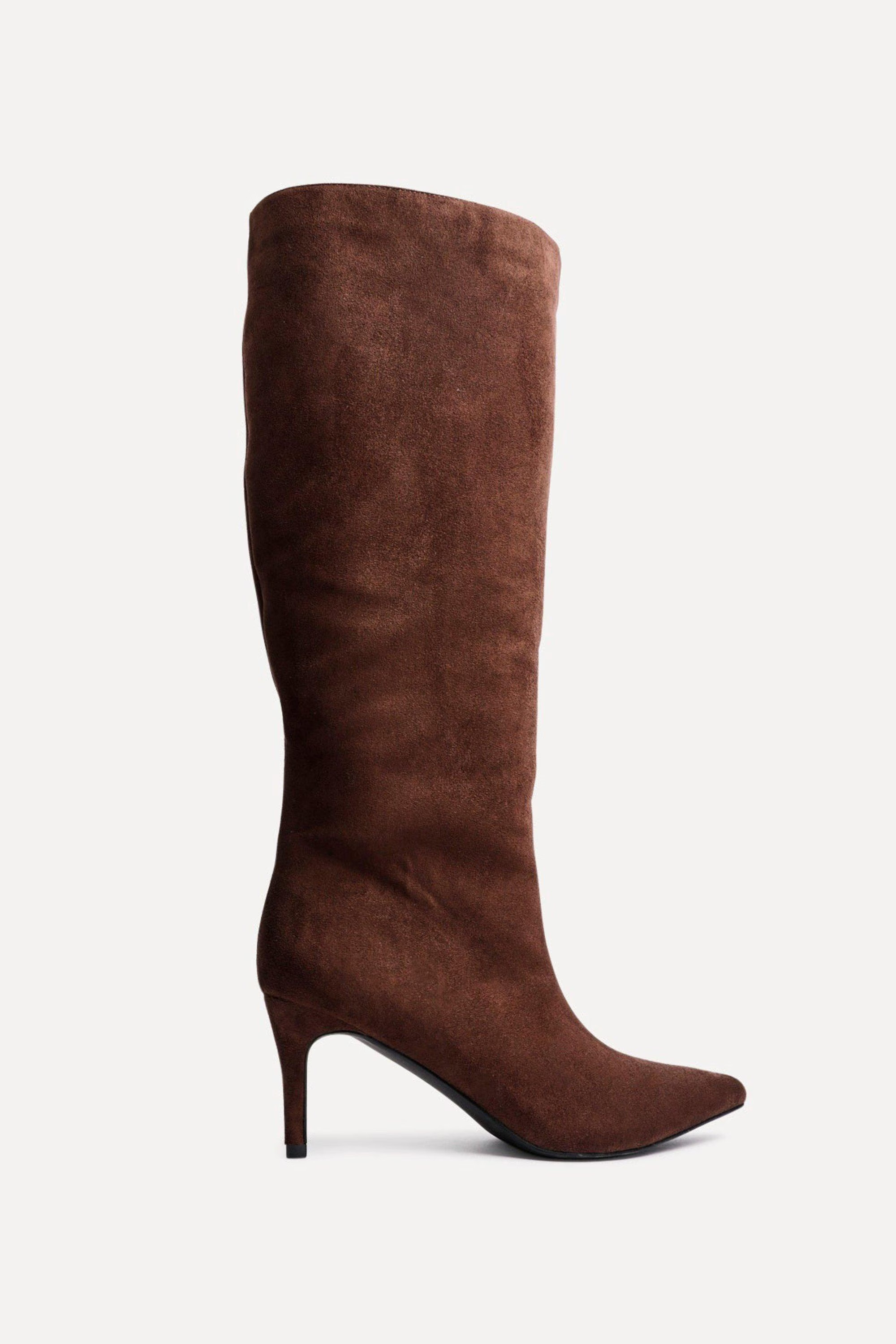 Linzi Onyx Brown Faux Suede Pointed Toe High Leg Heeled Boots | PrettyLittleThing UK