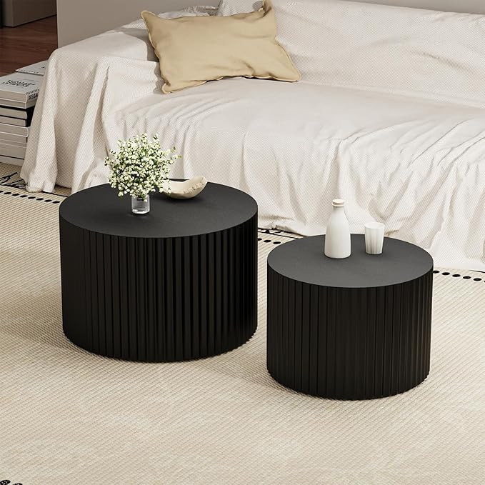 Round Nesting Coffee Table Set of 2 Modern Black Fluted Coffee Table Small Round End Table Side T... | Amazon (US)