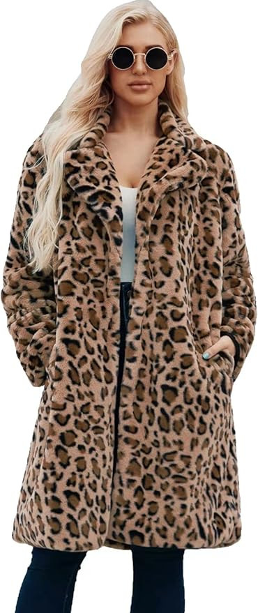 MBLESSEDTO Long leopard suit collar faux fur coat women's casual coat autumn and winter new. | Amazon (US)