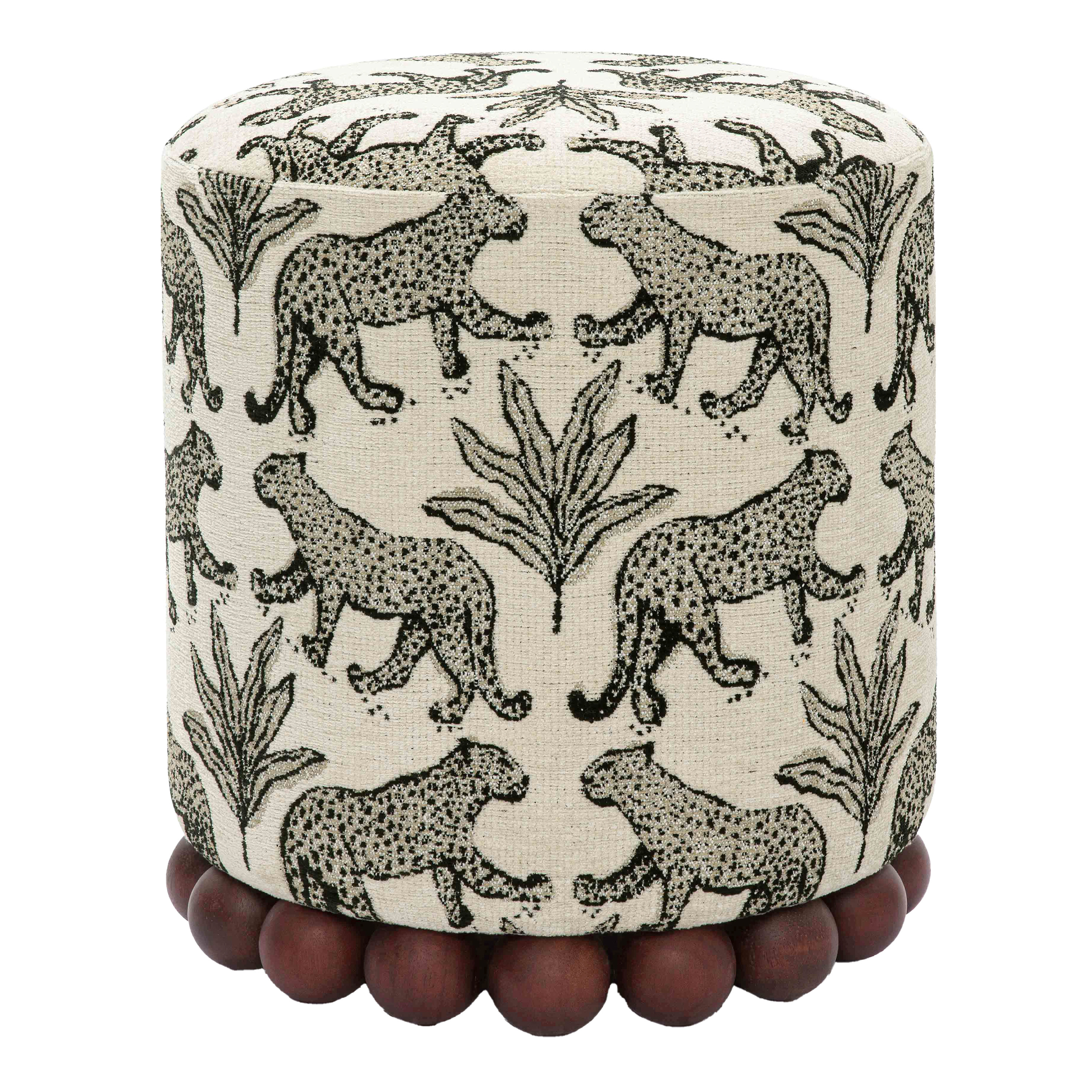 Round Jacquard Jungle Cat Upholstered Ottoman | World Market