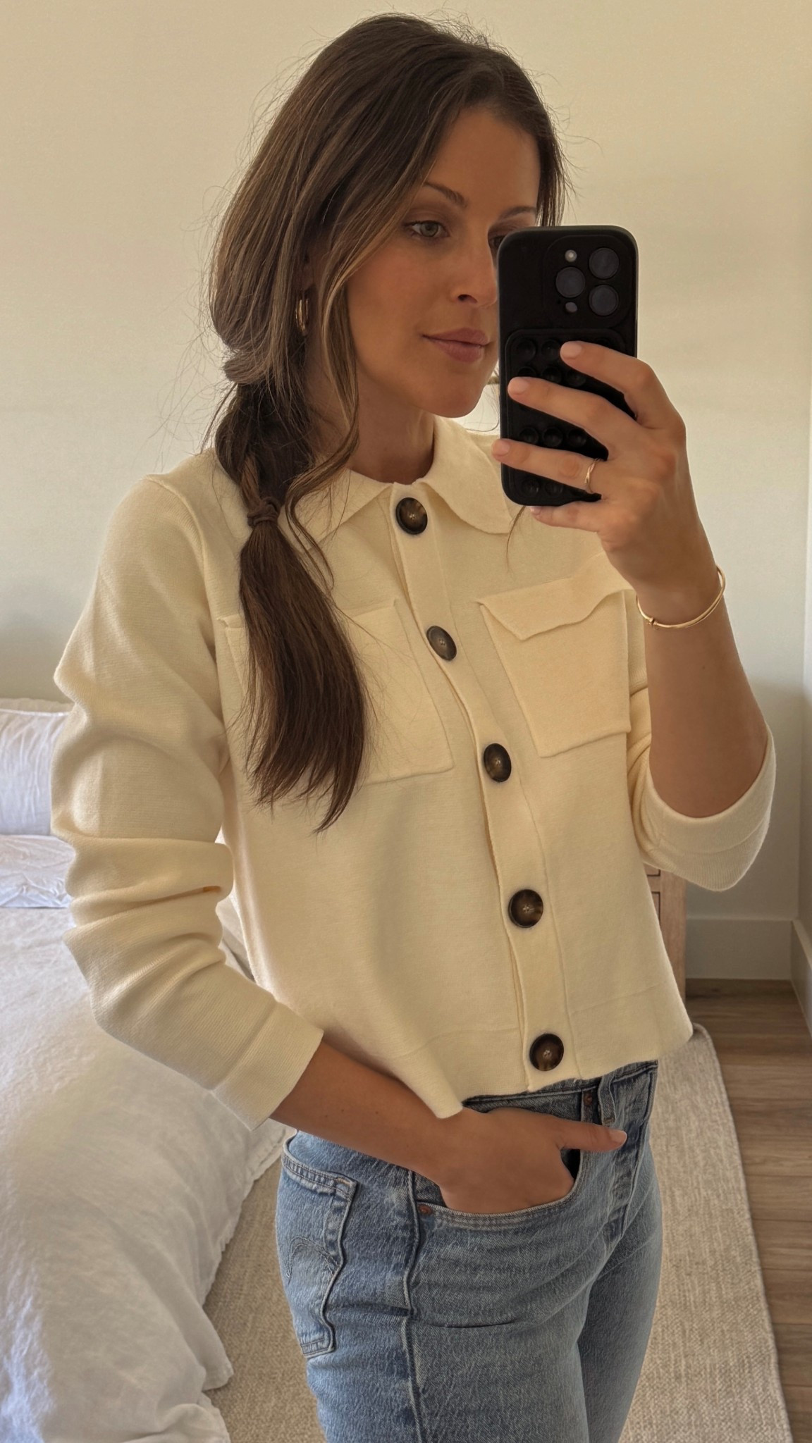 Cream button-up cardigan with tortoise buttons and front pockets — a perfect staple for spring! Runs slightly small (I’m wearing a small but could’ve gone with a medium) and pairs perfectly with Levi’s denim for a casual, polished look 🤍

#LTKFindsUnder50