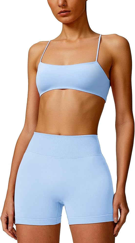 ABOCIW Conjuntos de entrenamiento para mujer, brasier deportivo con tiras finas sin costuras, pan... | Amazon (US)