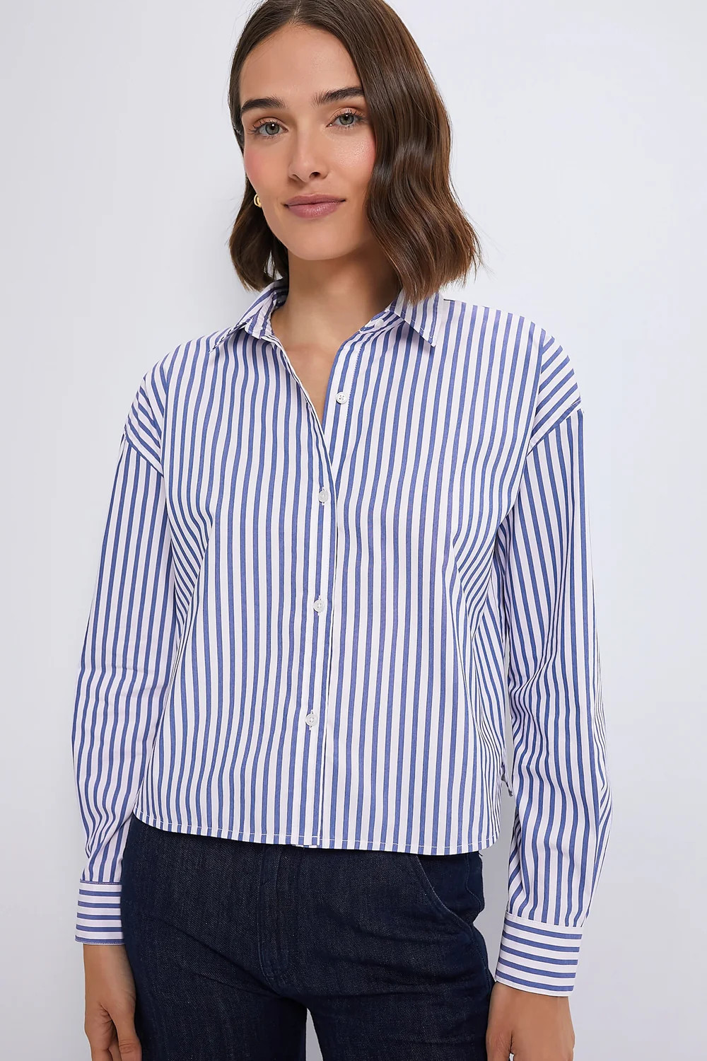 White and Blue Stripe Cropped Jasper Button Down | Tuckernuck (US)