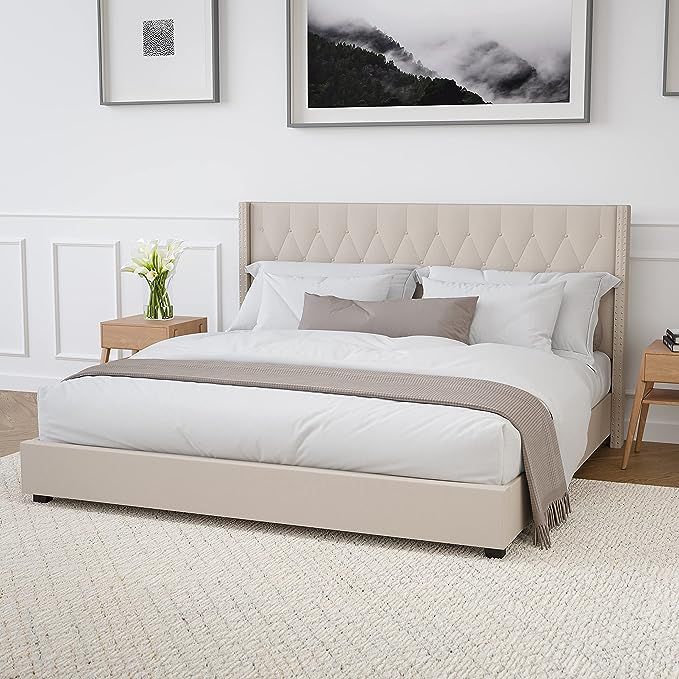 Merrick Lane Chenoa Upholstered King Size Platform Bed in Beige Fabric with Button Tufted Headboa... | Amazon (US)
