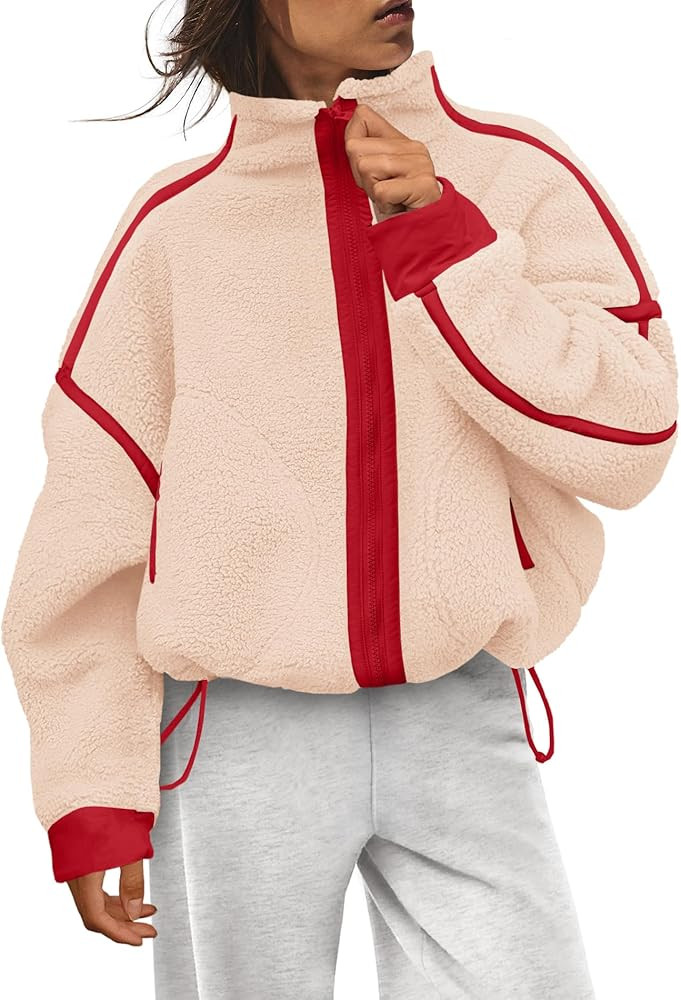 LAMISSCHE Zip up Fleece Jacket Women Oversized Mock Neck Sherpa Sweatshirt Striped Long Sleeve Pu... | Amazon (US)