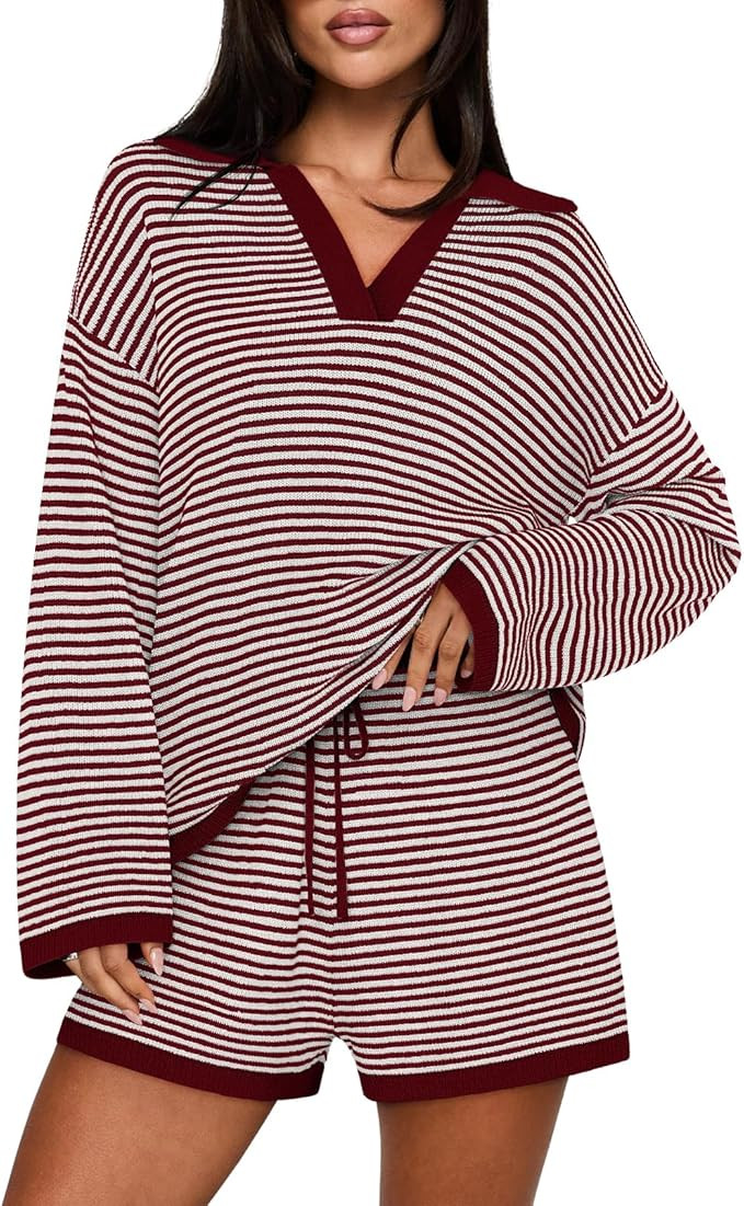 MEROKEETY Lounge Sweater Sets for Women 2 Piece Outfits Casual Long Sleeve Striped Tops Shorts Ma... | Amazon (US)