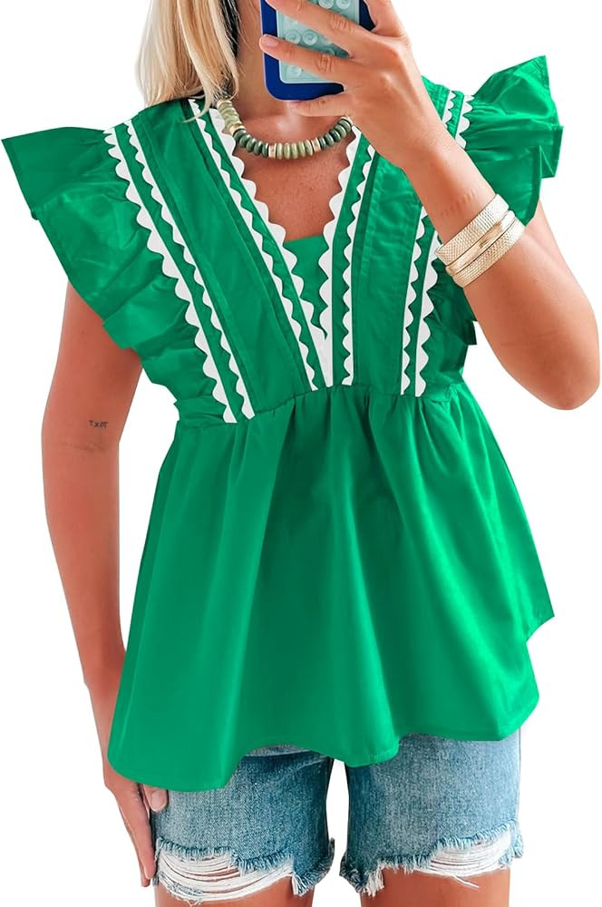 Tankaneo Womens Ruffle Cap Sleeve Babydoll Blouse Dressy Casual Summer V Neck Peplum Tops Loose F... | Amazon (US)