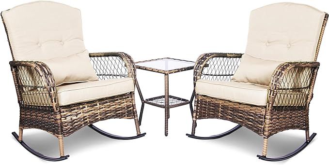 ENSTVER 3 Pieces Patio Conversation Set w/ 2 Rattan Wicker Rocking Chairs and Glass Table,for Gar... | Amazon (US)