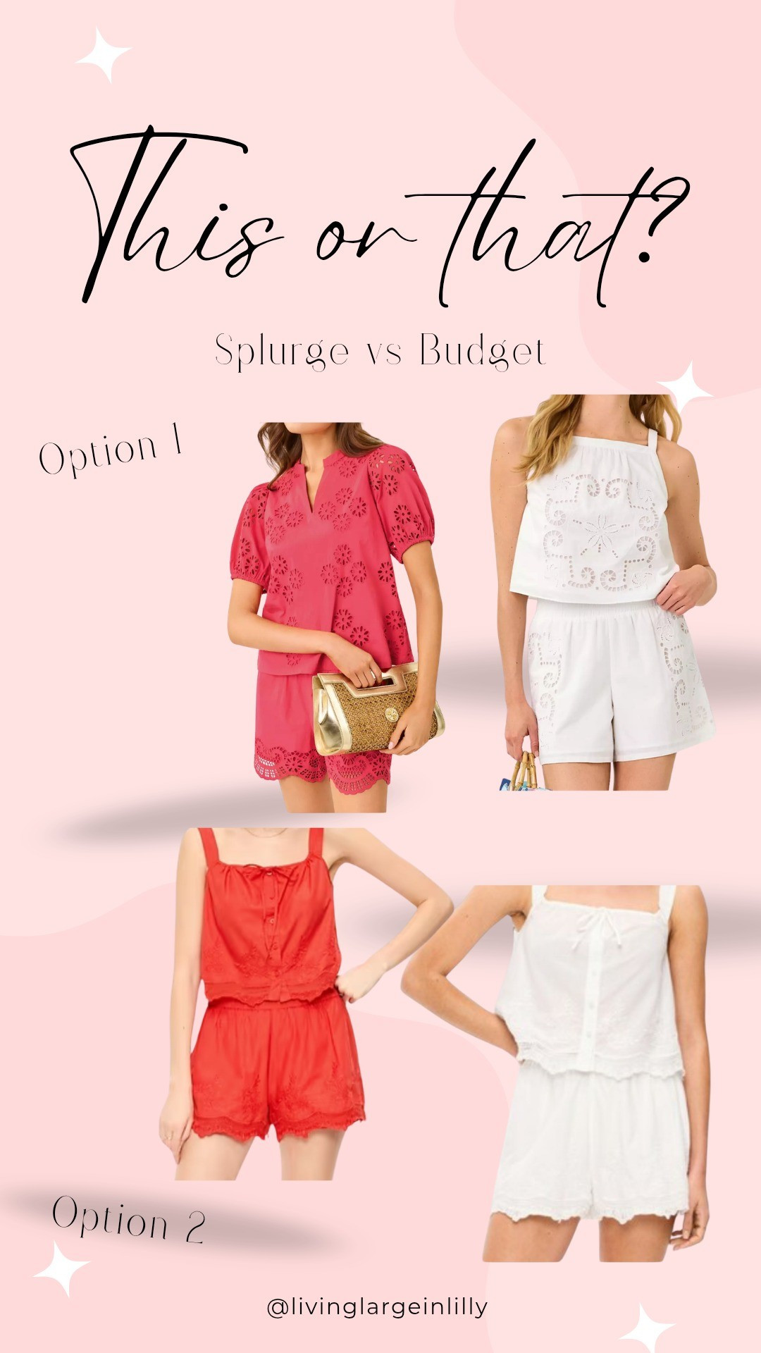 Splurge or Budget?The top Option 1 will run you over $300 while Option 2 is well under $40 for the set. How often would you actually wear these? #livinglargeinlilly #thisorthat #lillypulitzer #redandwhite #sets #Splurge #budget 

#LTKSaleAlert #LTKMidsize #LTKTravel