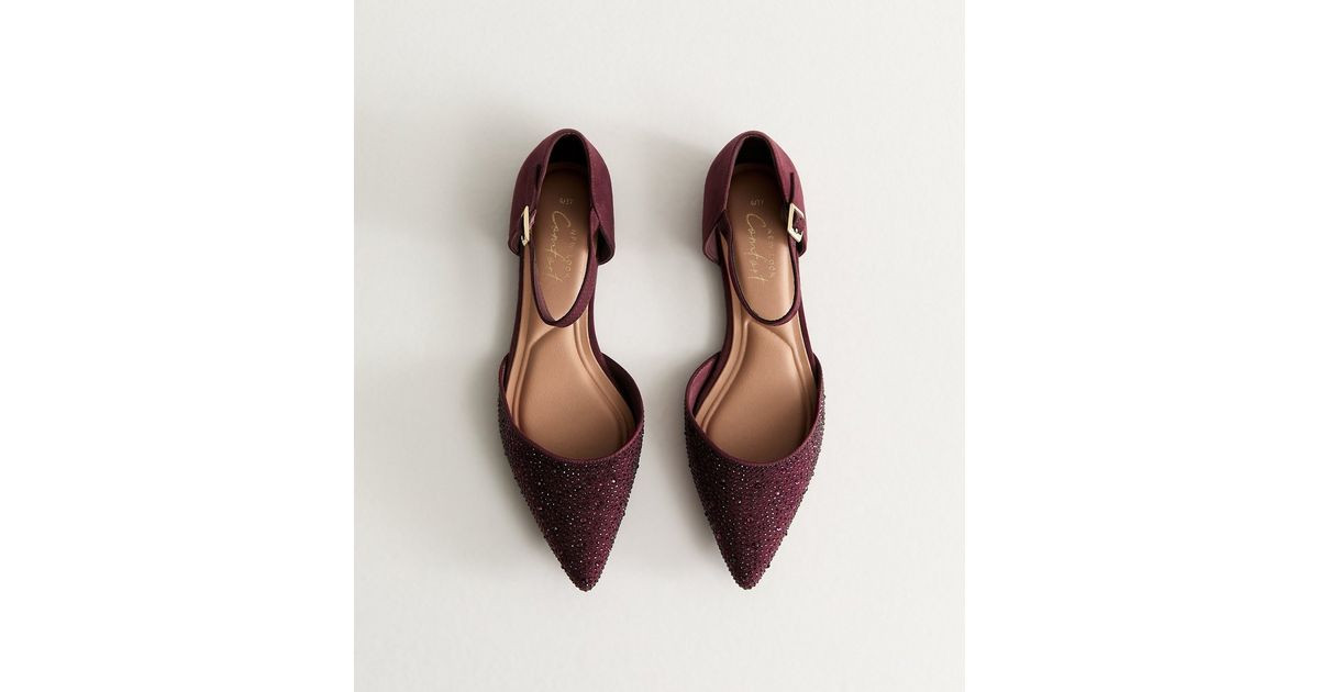 Burgundy Bedazzled Pointed Toe Ankle Strap Ballerina Flats | New Look | New Look (UK)