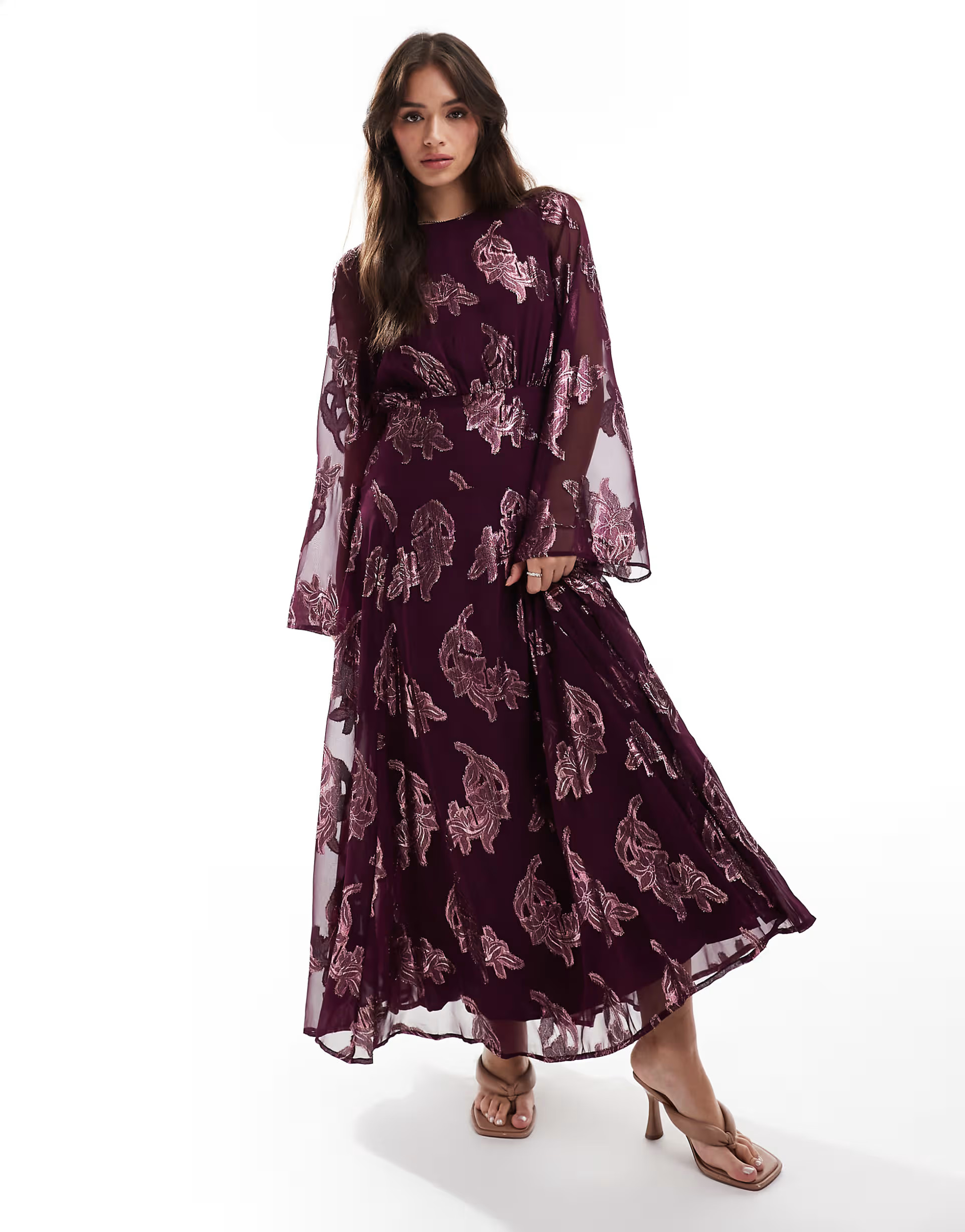 ASOS DESIGN metallic long sleeve midi dress with frill cuffs in purple | ASOS (Global)