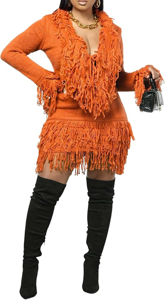 Geulis Women Sweater Skirt Sets 2 Piece Outfits Knit Fringe Long Sleeve Pullover Sweaters Bodycon... | Amazon (US)