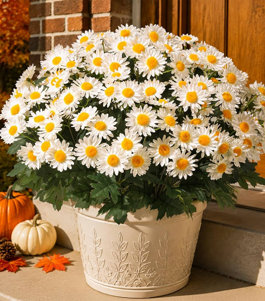 HyeFlora Artificial Fall Faux Mums Flowers Outdoor Plants for Decoration, 6 Bundles Fake Silk Whi... | Amazon (US)