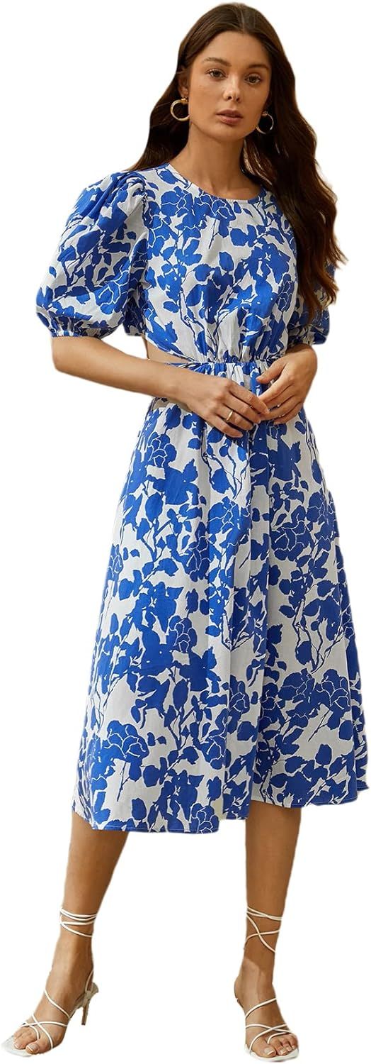 Floerns Women's Cut Out Tie Back Short Sleeve Scoop Neck Floral Print Midi Dress | Amazon (US)