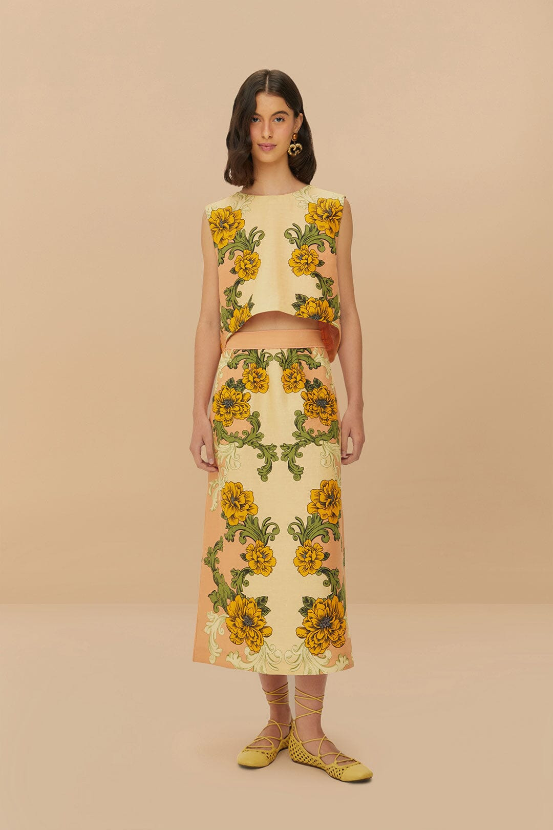 Cream Delicate Flower Arabesques Euroflax™ Premium Linen Midi Skirt | FarmRio (US)