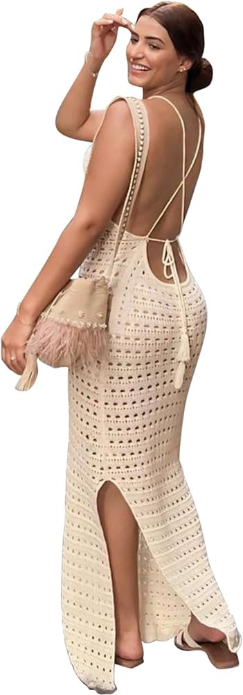 Hollow Out Knit Bodycon Backless Crochet Maxi Dress Sexy Bathing Suit Cover up Split Long Beach L... | Amazon (US)