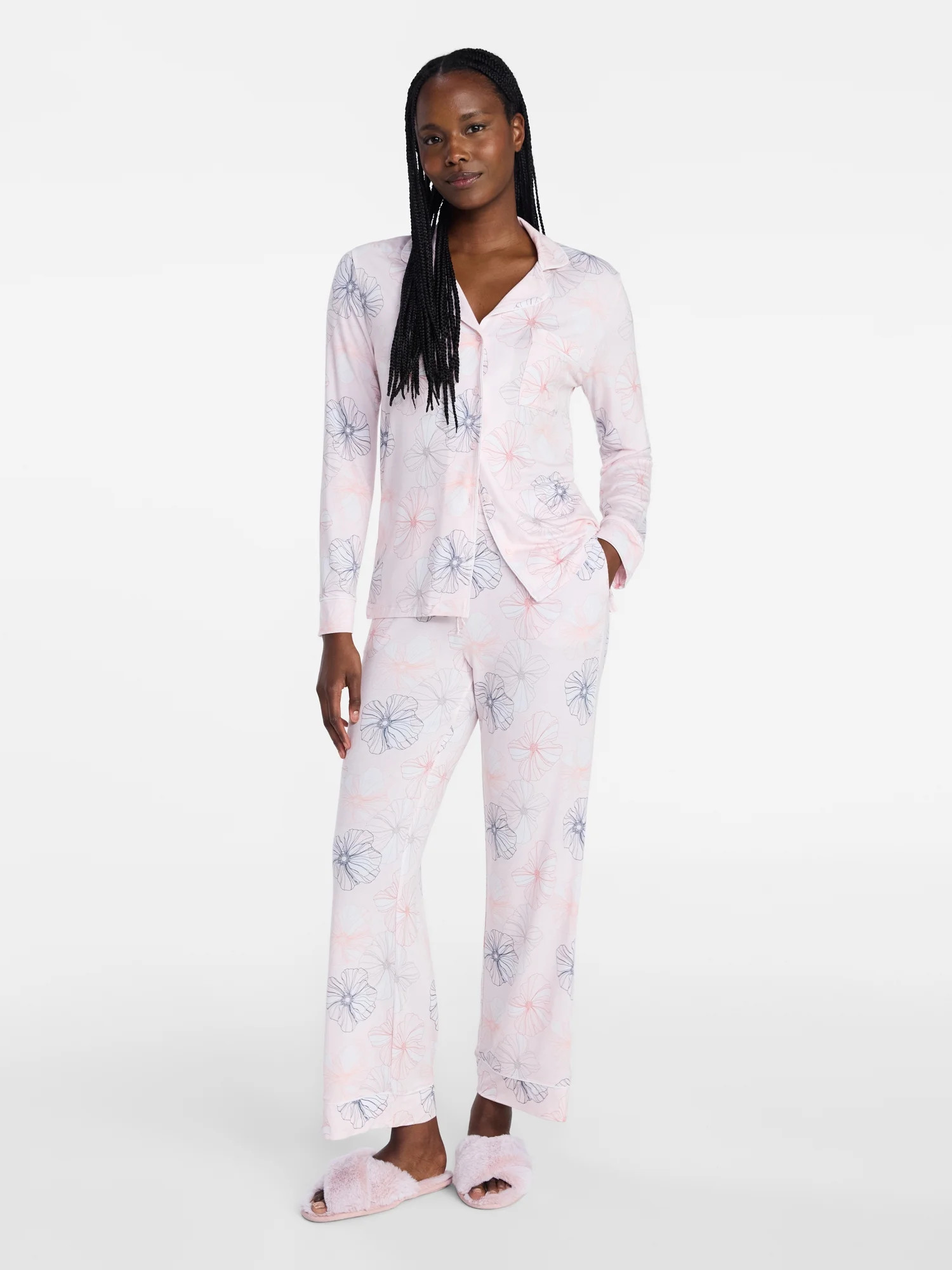 Joyspun Women’s Sleep Modal Long Sleeve Notch Top and Pants Pajama Set, Size XS-XL, 2X-3X | Walmart (US)