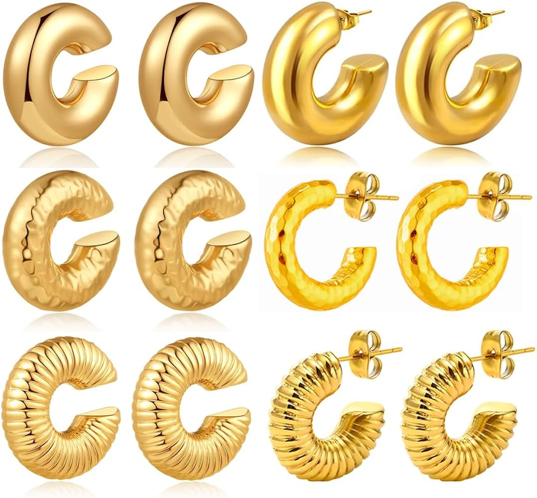 6 Pairs Chunky Gold Silver Ear Cuffs Earrings for Women Non Piercing 14K Gold Plated Chunky Round... | Amazon (US)