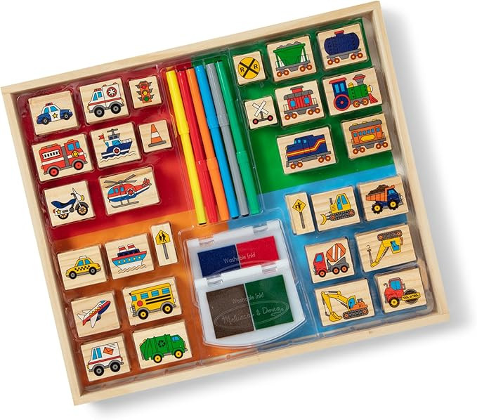 Melissa & Doug Deluxe Wooden Stamp and Coloring Set – Vehicles (30 Stamps, 6 Markers, 2 Durable... | Amazon (US)