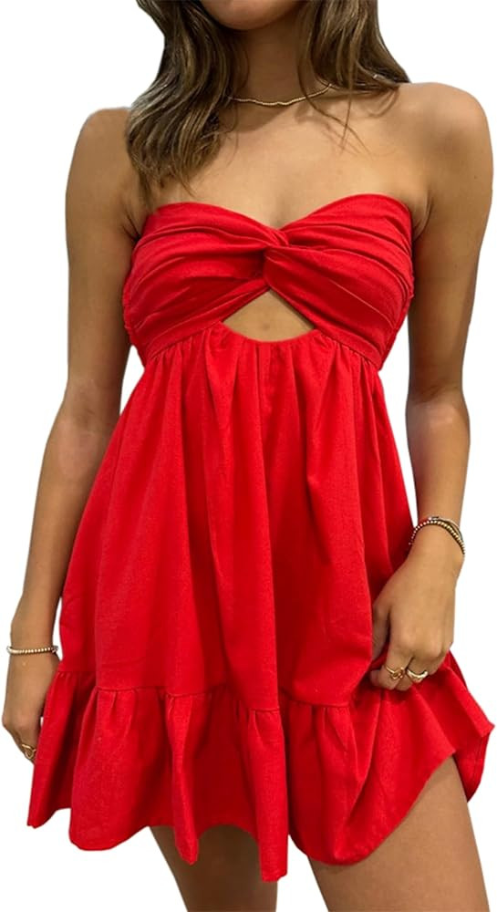 Cantonwalker White Strapless Mini Dress Elasticated Waistband Twist Flowy Mini Dress for Summer 0... | Amazon (US)