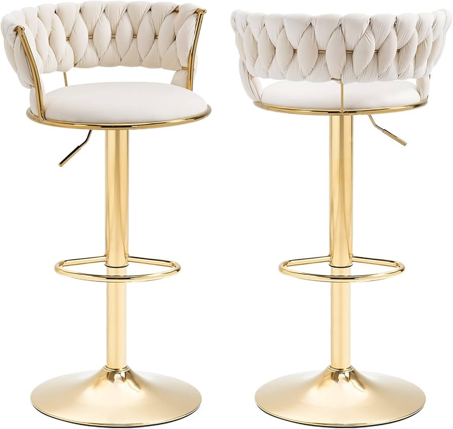 KINFFICT Velvet Swivel Bar Stools Set of 2, Adjustable Counter Height Bar Stool with Woven Back, ... | Amazon (US)