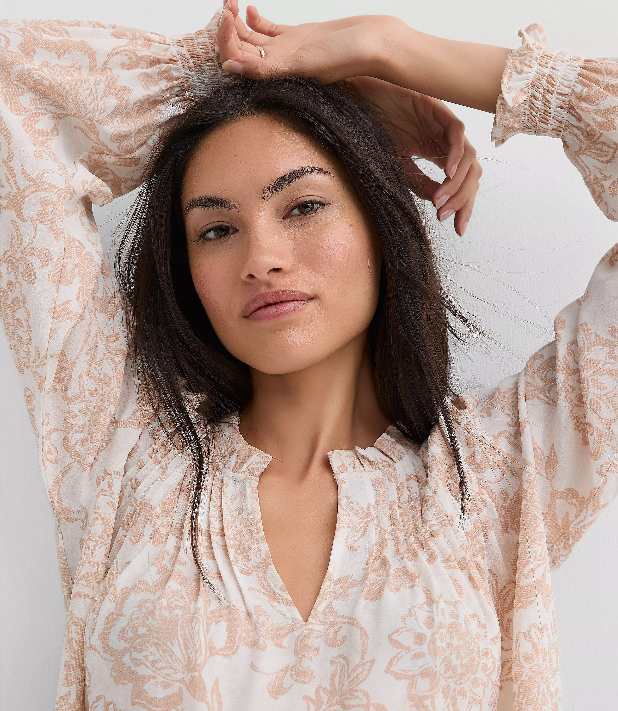 Floral Pintucked Ruffle Mixed Media Blouse | LOFT