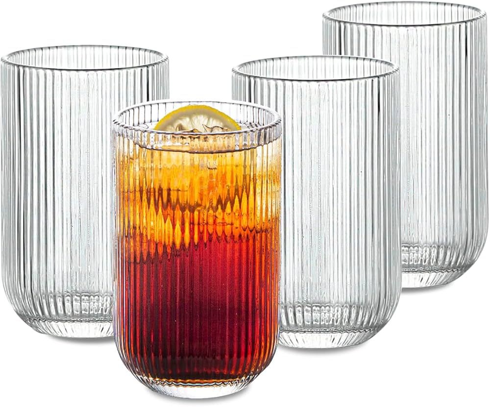 Ripple Vintage Glassware Glass Cups Set of 4, 14 oz Origami Style Transparent Cocktail Glasses Se... | Amazon (US)