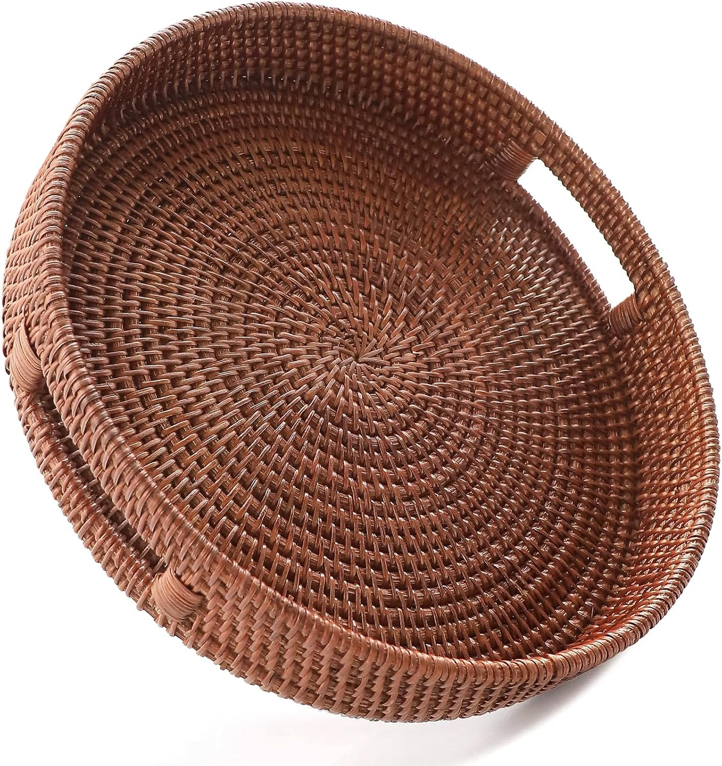 HITOMEN 11.8" Hand-Woven Round Rattan Serving Tray Decorative Wicker Trays with Handles for Coffee Table (Brown-M) | Amazon (US)